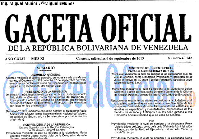 Gaceta Oficial 40742 del 9 septiembre 2015