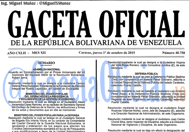 Gaceta Oficial 40758 del 1 octubre 2015