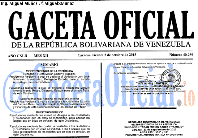 Gaceta Oficial 40759 del 2 octubre 2015
