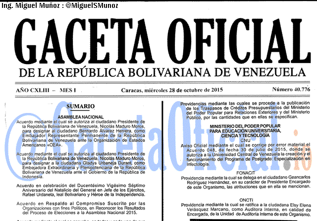 Gaceta Oficial 40776 del 28 octubre 2015