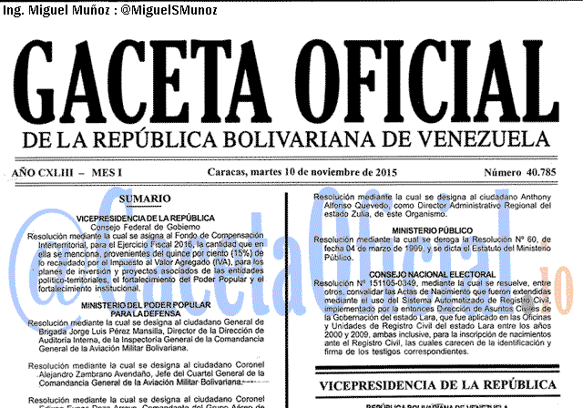 Gaceta Oficial 40785 del 10 noviembre 2015