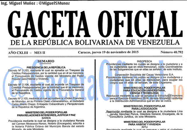 Gaceta Oficial 40792 del 19 noviembre 2015