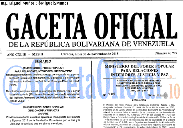 Gaceta Oficial 40799 del 30 noviembre 2015