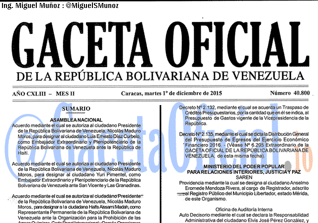 Gaceta Oficial 40800 del 1 diciembre 2015