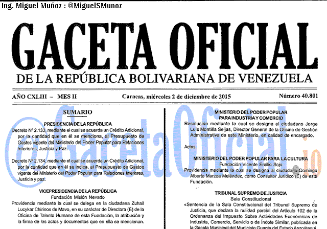 Gaceta Oficial 40801 del 2 diciembre 2015