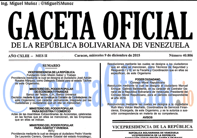Gaceta Oficial 40806 del 9 diciembre 2015