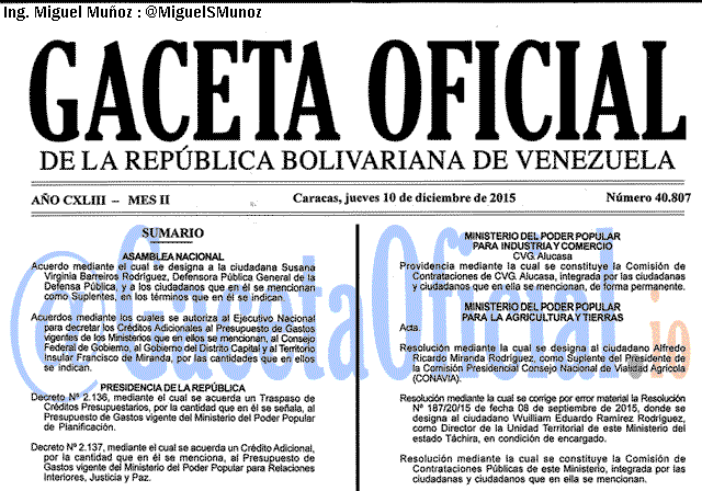 Gaceta Oficial 40807 del 10 diciembre 2015
