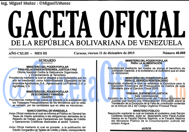 Gaceta Oficial 40808 del 11 diciembre 2015
