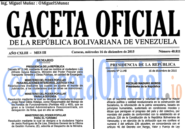 Gaceta Oficial 40811 del 16 diciembre 2015
