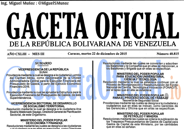 Gaceta Oficial 40815 del 22 diciembre 2015