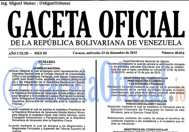 Gaceta Oficial 40816 del 23 Diciembre 2015