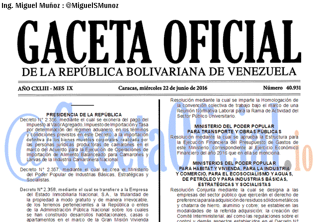 Gaceta Oficial 40931 del 22 junio 2016