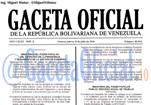 Gaceta Oficial 40944 del 14 julio 2016