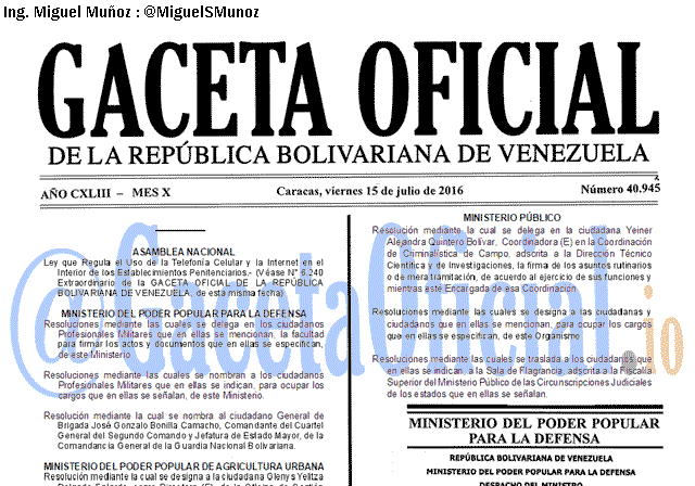 Gaceta Oficial 40945 del 15 julio 2016