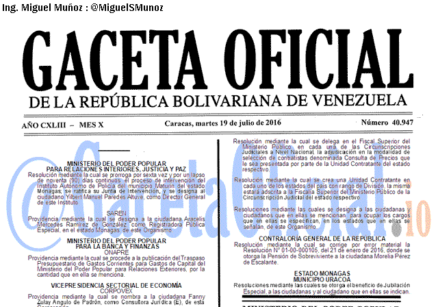 Gaceta Oficial 40947 del 19 julio 2016