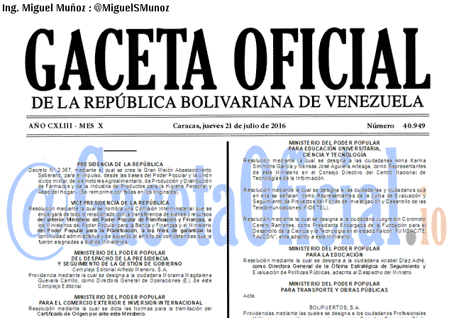Gaceta Oficial 40949 del 21 julio 2016
