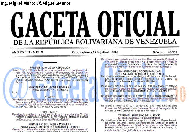 Gaceta Oficial 40951 del 25 julio 2016