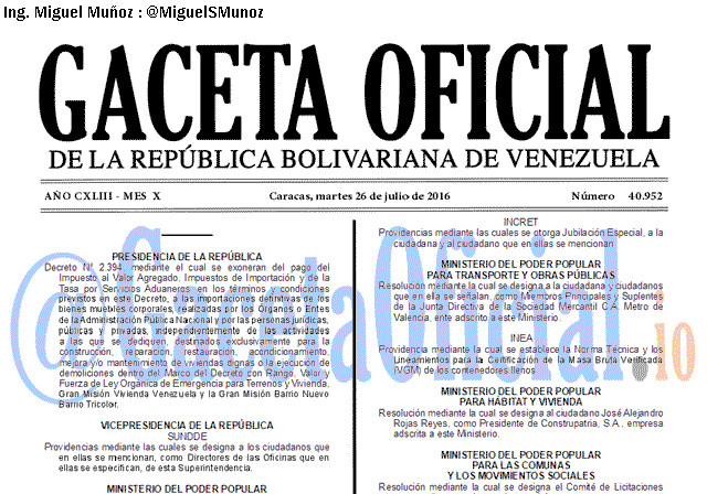 Gaceta Oficial 40952 del 26 julio 2016