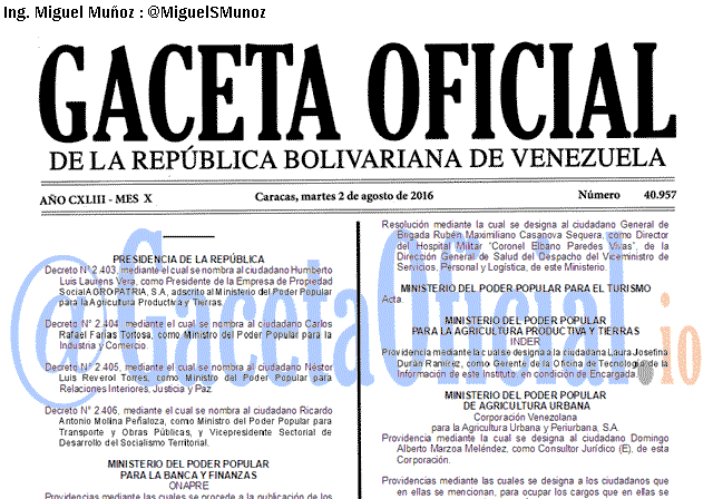 Gaceta Oficial 40957 del 2 agosto 2016