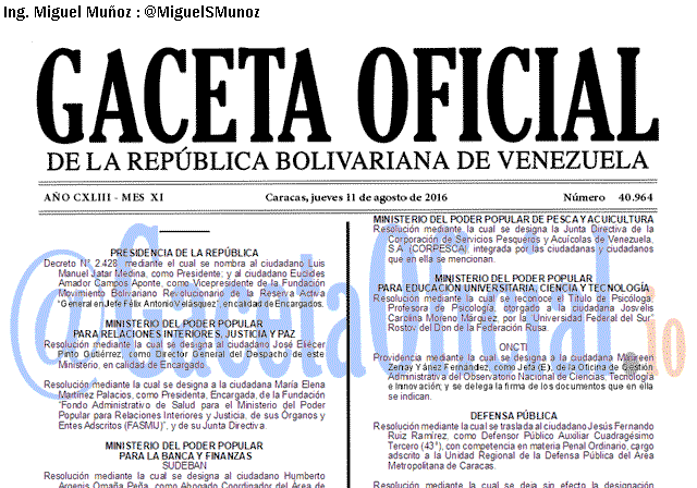 Gaceta Oficial 40964 del 11 agosto 2016