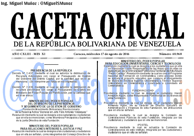 Gaceta Oficial 40968 del 17 agosto 2016