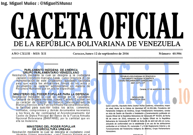 Gaceta Oficial 40986 del 12 Septiembre 2016