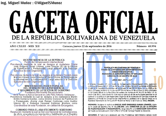 Gaceta Oficial 40994 del 22 Septiembre 2016