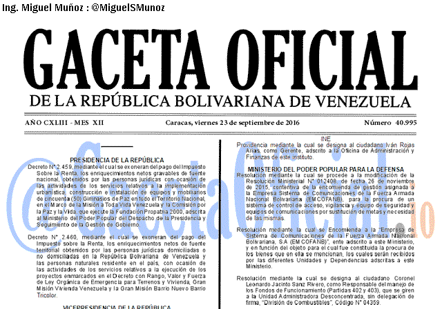 Gaceta Oficial 40995 del 23 Septiembre 2016