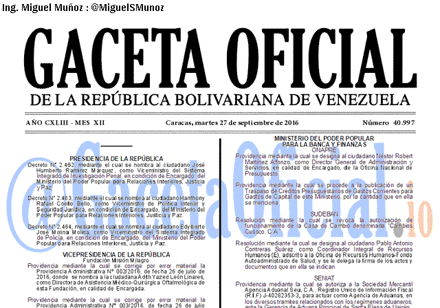 Gaceta Oficial 40997 del 27 Septiembre 2016
