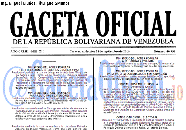 Gaceta Oficial 40998 del 28 Septiembre 2016