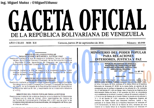 Gaceta Oficial 40999 del 29 Septiembre 2016