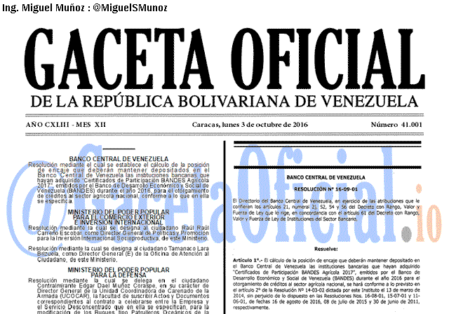 Gaceta Oficial 41001 del 3 Octubre 2016