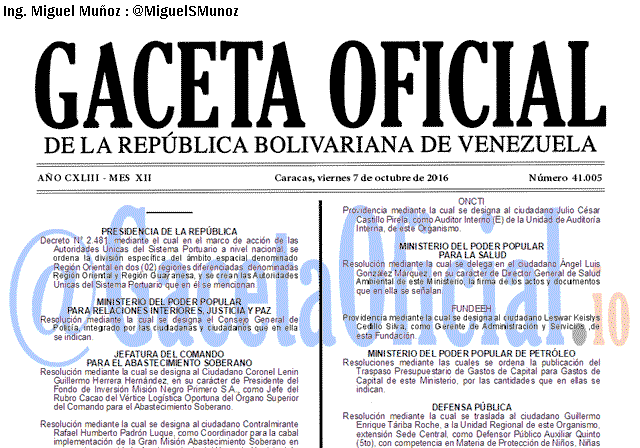 Gaceta Oficial 41005 del 7 octubre 2016