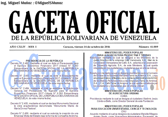 Gaceta Oficial 41009 del 14 octubre 2016