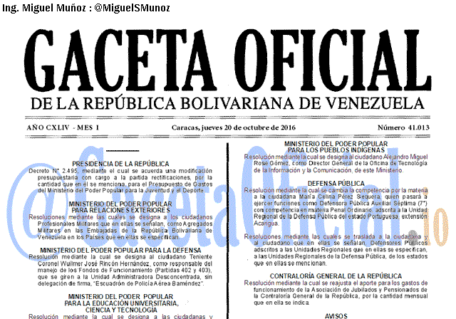 Gaceta Oficial 41013 del 20 octubre 2016