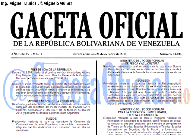 Gaceta Oficial 41014 del 21 octubre 2016