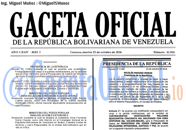 Gaceta Oficial 41016 del 25 octubre 2016