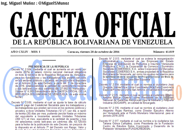 Gaceta Oficial 41019 del 28 octubre 2016