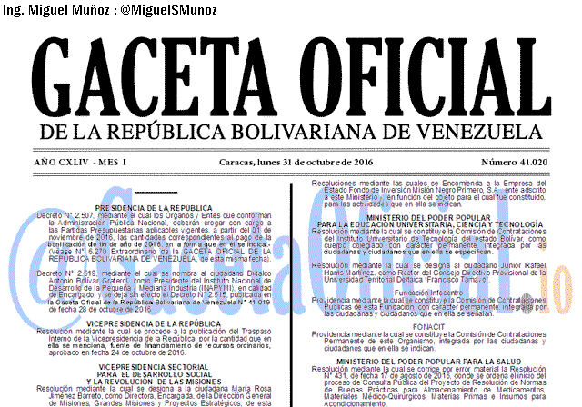 Gaceta Oficial 41020 del 31 octubre 2016