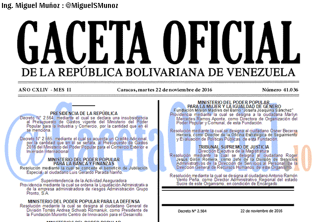 Gaceta Oficial 41036 del 22 Noviembre 2016