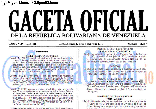 Gaceta Oficial 41050 del 12 diciembre 2016