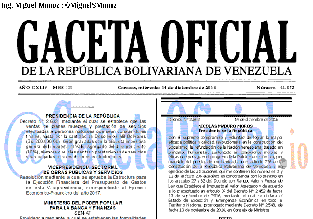 Gaceta Oficial 41052 del 14 diciembre 2016 