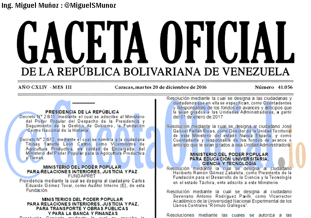 Gaceta Oficial 41056 del 20 diciembre 2016 Gaceta Oficial 41056 del 20 diciembre 2016