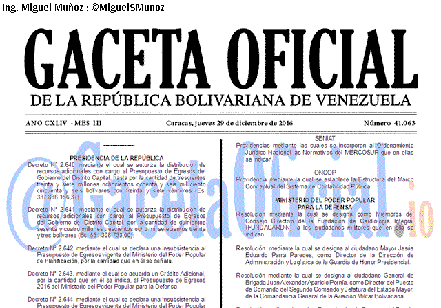 Gaceta Oficial 41063 del 29 diciembre 2016