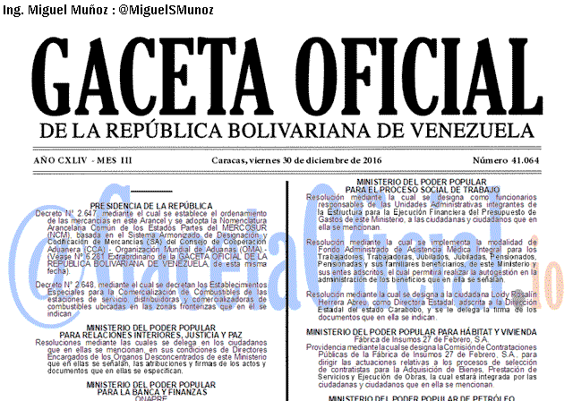 Gaceta Oficial 41064 del 30 diciembre 2016