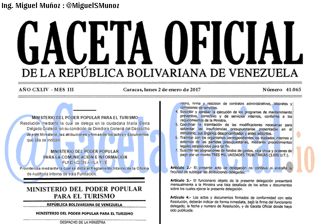 Gaceta Oficial 41065 del 2 enero 2017 Gaceta Oficial 41065 del 2 enero 2017