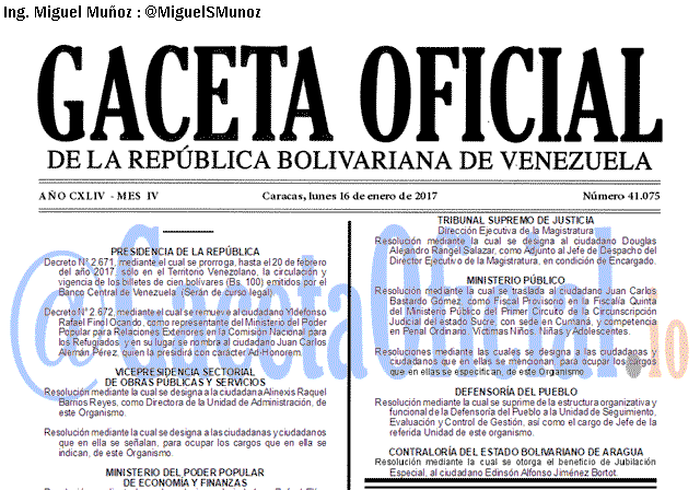 Gaceta Oficial 41075 del 16 enero 2017 Gaceta Oficial 41075 del 16 enero 2017