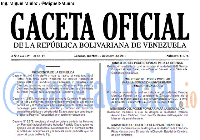 Gaceta Oficial 41076 del 17 enero 2017 Gaceta Oficial 41076 del 17 enero 2017