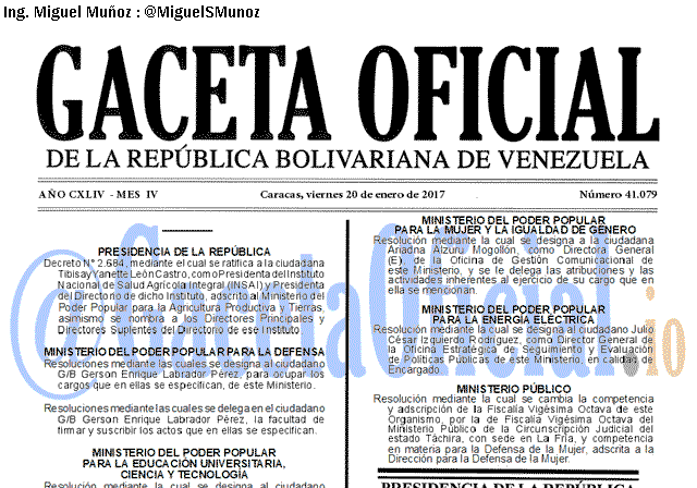 Gaceta Oficial 41079 del 20 enero 2017 Gaceta Oficial 41079 del 20 enero 2017