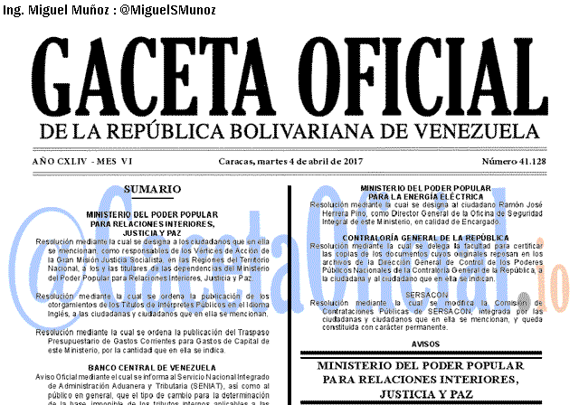 Gaceta Oficial 41128 del 4 abril 2017 Gaceta Oficial 41128 del 4 abril 2017